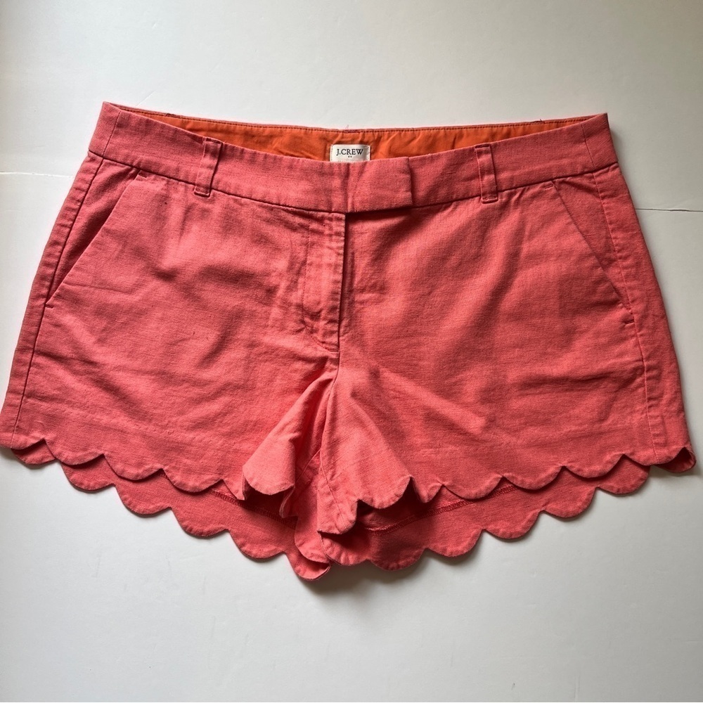 J. Crew Factory  4” Linen-Cotton Scalloped Hem Shorts in Coral Pink Beachy Sz 14